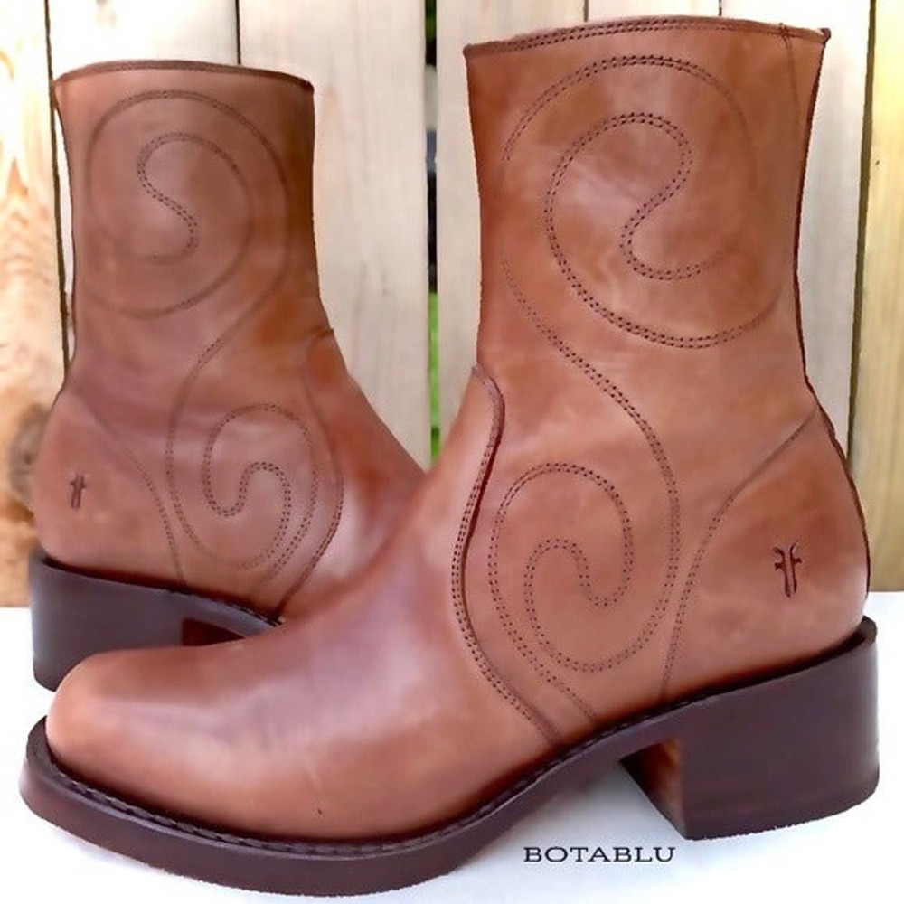 SOLD FRYE Vintage Campus Swirl Tan Brown Leather Short Zip Ankle Bootie Boots 8 - Picture 2 of 7